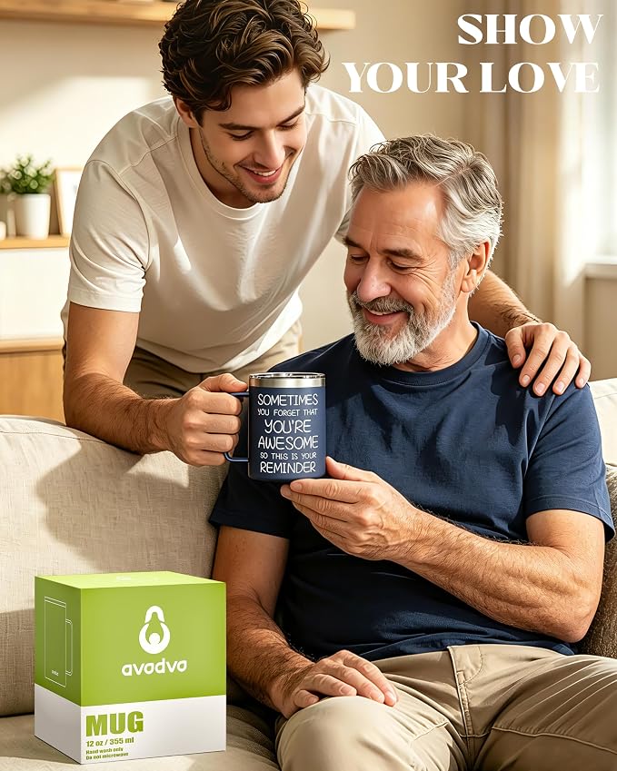 Inspirational Coffee Mug for Men, 12oz Insulated Stainless Steel Mug with Handle & 2 Lids – Sometimes You Forget You’re Awesome, Birthday & Appreciation Gift for Dad, Husband, Him, Navy Blue