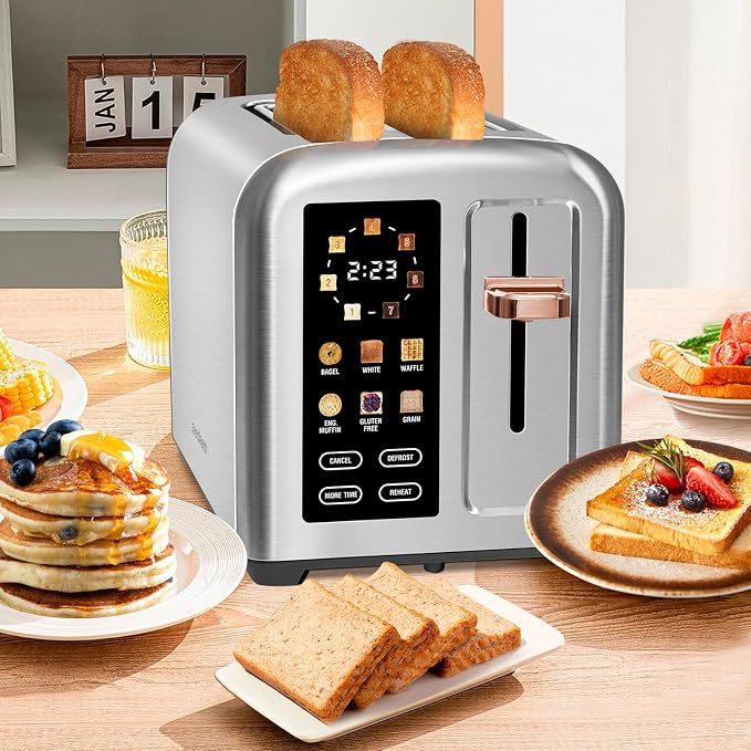 SEEDEEM Touchscreen Toaster 2 Slice, 7 Shade, Stainless, 1350W Silver Metallic