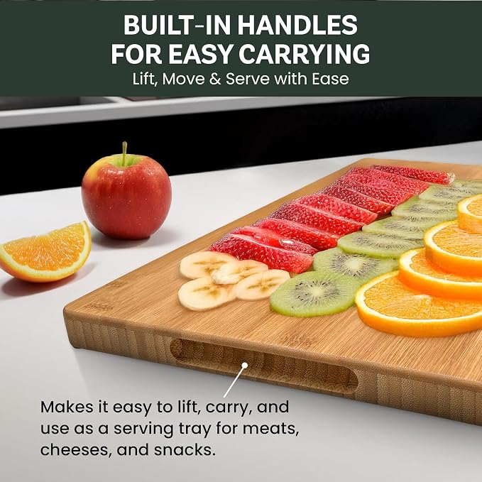 Bamboo Cutting Board for Kitchen - 17" Large Wooden Cutting Board, Heavy Duty Chopping Board with Side Handles, Deep Juice Groove, Reversible Charcuterie & Cheese Board for Meat and Serving