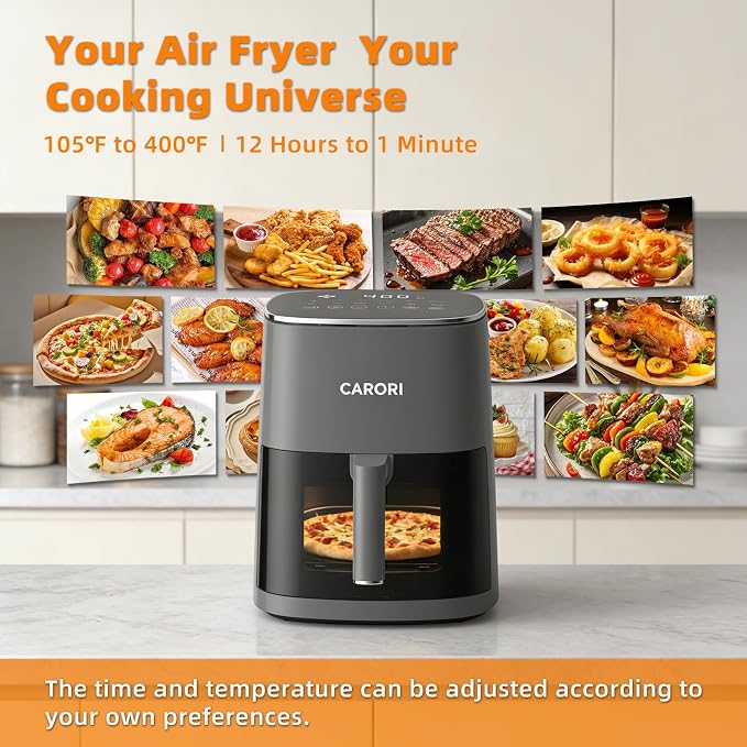 CARORI 6QT Air Fryer with Viewing Window, 12 Cooking Presets, 1700W Fast & Even Cooking, Max 400℉ Crisping, Bake, Roast, Reheat & Dehydrate, Large Nonstick Basket, Dishwasher Safe, Gray