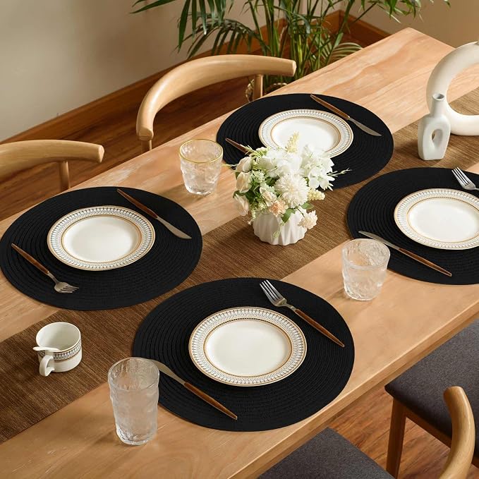 FunWheat Round Braided Placemats Set of 4 Place mats for Dining Tables Woven Heat Resistant Table Mats 15 inch (Black,4pcs)