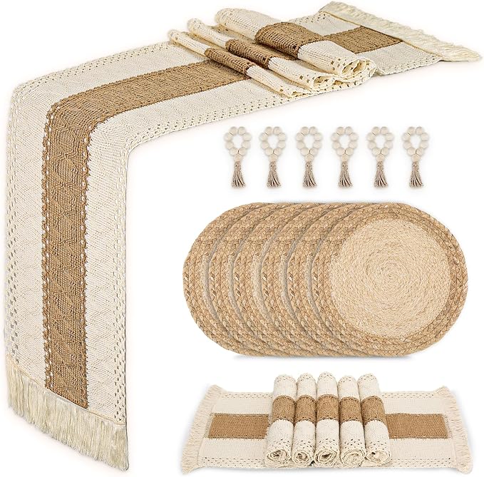 Placemats Set of 6 w/Charger Plates Table Mats Table Runner & Napkin Rings | All in One Placemats,Boho Farmhouse Style Heat-Resistant Non-Slip Protective Round Woven Placemats for Dining Table Décor