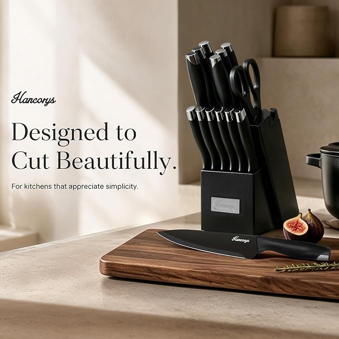 15 PCS Black Knife Set for Kitchen with Block, Built-In Sharpener | German High-Carbon Stainless Steel Nonstick Ceramic Anti-Rust Coating Blades, Ergonomic Handle, Ultra Sharp Cooking Knives