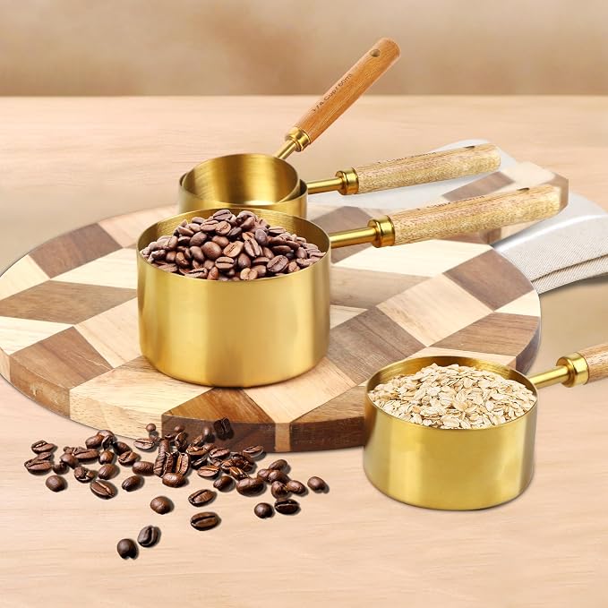 Gold Measuring Cups and Spoons Set,8 Piece Premium Stainless Steel Measuring Cups with Wood Handles,4 Stackable Wooden Measuring Cups and 4 Measuring Spoons Set for Baking Supplies in the Kitchen
