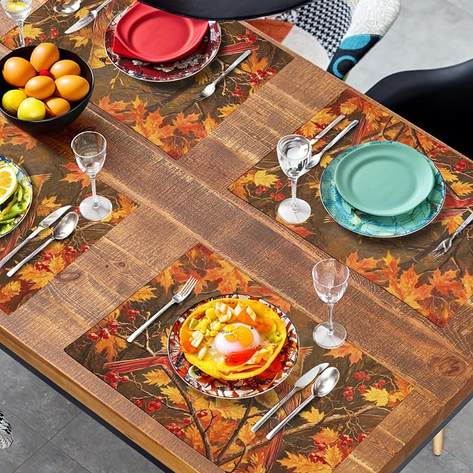 Maple Leaf Birds Fall Placemats Set of 4 Rustic Autumn Colored Maple Forest Tree Place Mat Seasonal Thanksgiving Harvest Table Mats for Party Kitchen Dining Outdoor Indoor Decor