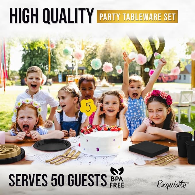 350 Pcs Black & Gold Plastic Plates For Party, Black & Gold Disposable Plates Set, 50 Of Each 9" Dinner Plate Set, 7" Dessert Plate, Cups, Napkins & Cutlery Plastic Dinnerware Exquisite
