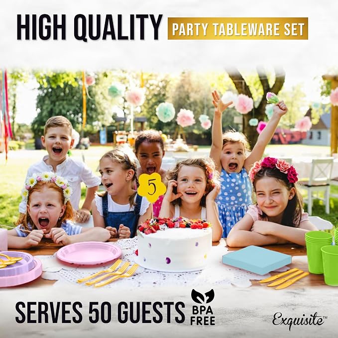 Party Solids 350 Pieces Easter Plates For Party, Easter Disposable Plates Set, 50 Of Each 9" Dinner Plate Set, 7" Dessert Plate, Cups, Napkins & Cutlery Plastic Dinnerware Set