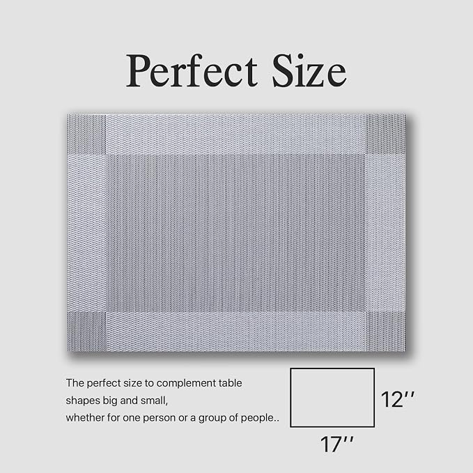 Placemats Set of 8 - Easy Clean Woven Vinyl Placemats for Dining Table, Indoor/Outdoor Place Mats, Washable PVC Table Mats (Silver Cube)