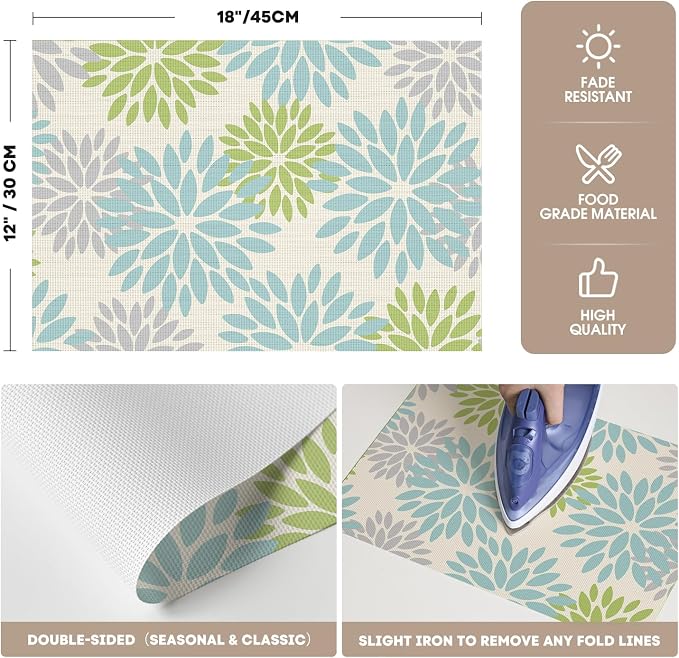 Artoid Mode Floral Vinyl Plastic Placemats Set of 4, 12x18 Inch Washable Non-Slip PVC Place Mats for Party Kitchen Dining Decor, Sage