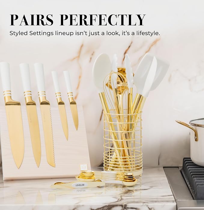 Styled Settings White and Gold Magnetic Measuring Spoons, 8-Piece | Stainless Steel Double Sided Measuring Spoons for Cooking and Baking - White and Gold Kitchen Accessories, Ideal for Gifting