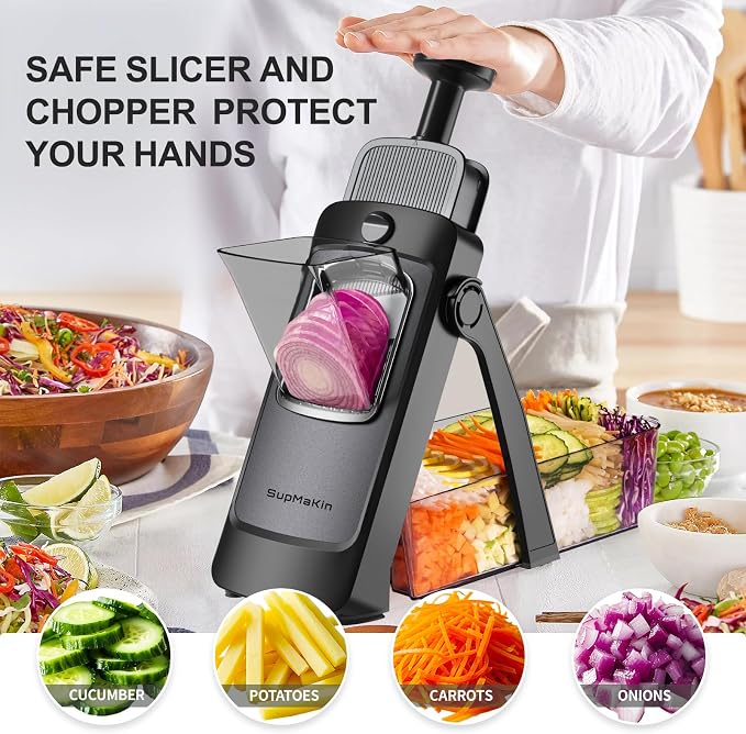 SupMaKin 2026 Upgrade Safe Mandoline Slicer,Multi Vegetable Chopper,Potato Slicer, Onion Chopper with Drain Basket Storage Container, Cheese Grater Kitchen Chopping Artifact (Black)