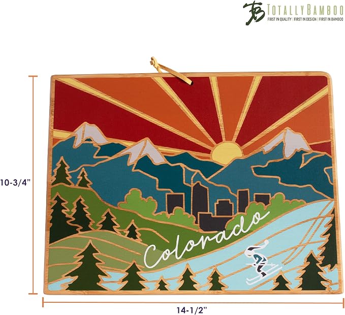 Totally Bamboo Colorado State Shaped Cutting Board, Summer Stokes Art | State charcuterie board with colorful hand-drawn landscape art. Smooth reverse side for food prep. Hang tie for wall display.