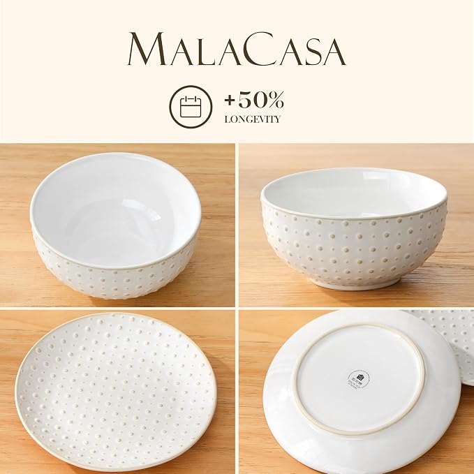 MALACASA 16 Pieces Dinnerware Set, Farmhouse Style Stoneware Plates and Bowls Sets for 4, Embossed Boho Ceramic Dish Set with Mugs, Microwave & Dishwasher Safe, Series LYDIA
