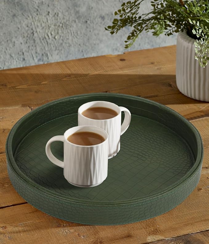 HofferRuffer Faux Leather Round Serving Tray, Vegan Croco Leather Decorative Tray, Food Tray for Storage Drinks, Snack & Cosmetics, Dia.12'' x 1.6'' (Green)