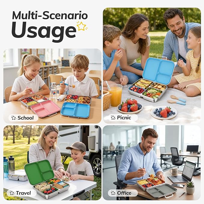 Stainless Steel Bento Lunch Box for Kids and Adults,3 Compartment Meal Lunch Box with Detachable Silicone Lid,Leak-Resistant Food Container with Snack Cup for School,BPA-Free(Green)