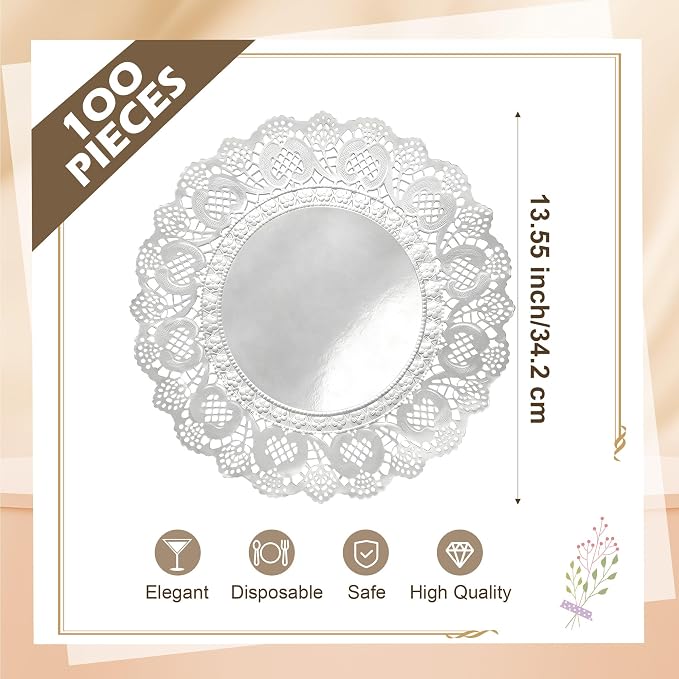 100 Pack 13.5 Inch Round Silver Paper Doilies, Disposable Lace Placemat | Rustic Scallop Foil Doily Table Pads, Heavy-Duty Paper Place Mats for Cakes, Crafts, Parties, Weddings, Buffet, Home Decor