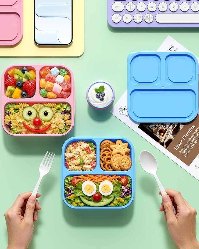 Canfanni 4 Pcs Bento Box Set, Reusable 3 Compartments Snack Boxes with 2 Leakproof Small Containers, Stackable Meal Prep Lunch Containers for School, Work, and Travel