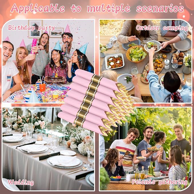 30 Pack Gold Plastic Silverware Set with Pre Rolled Pink Napkin | Heavy Duty Disposable Wrapped Cutlery with Pink Linen Feel Napkins for Birthdays, Weddings, Parties & Special Events