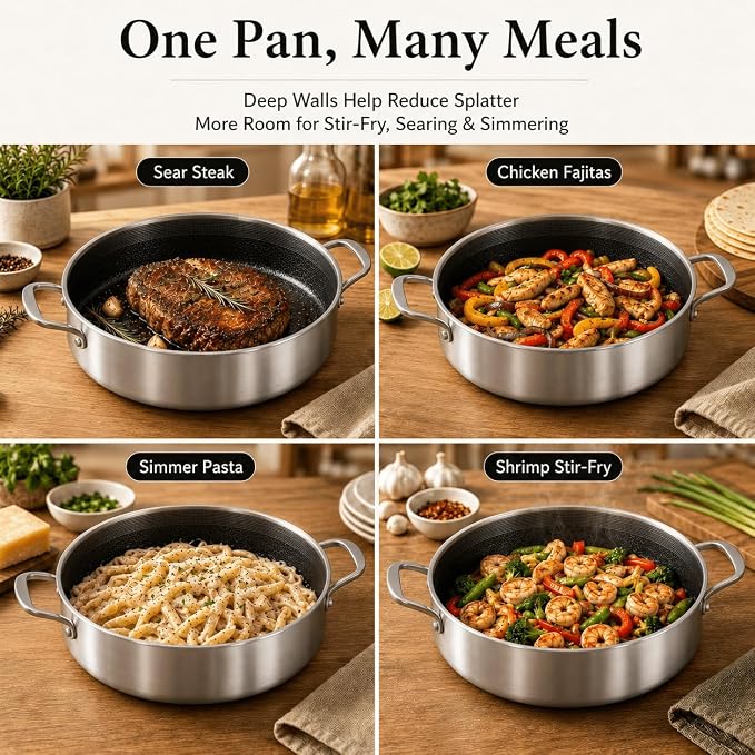DELARLO Frying Pan,12 inch Skillet with lid,Tri-Ply Stainless Steel Saute Pan 6QT,Dishwasher-Friendly,Stay-Cool Handles,Oven-Safe Up to 660℉