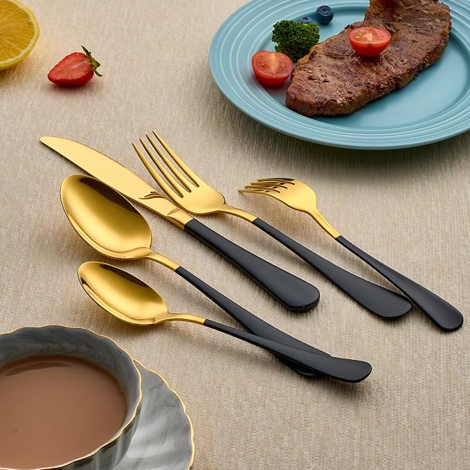 20-Piece Black and Gold Silverware Set 18/0 Stainless Steel Silverware Set Black Handle Cutlery Set Service for 4 Dinner Knives Forks Spoons Set Flatware Set Finish Dishwasher Safe