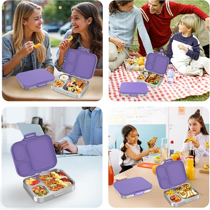Pawtong Stainless Steel Bento Lunch Box for Kids | 3-Compartment Lunch Box Container Kids | 100% Leakproof, Eco-Friendly, Perfect Portion Control for Kids&Adult Healthy Meals (Purple)