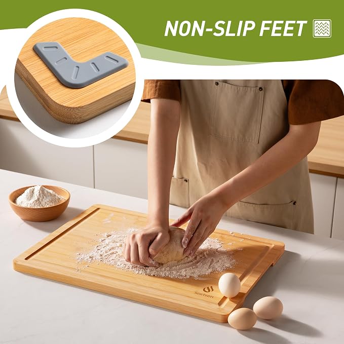 2 Piece Bamboo Cutting Board Set, Heavy Duty Wooden Boards with Juice Grooves & Easy Grip Handles, Ideal Chopping Boards for Meat, Cheese, Vegetables & Fruits Kitchen Gift