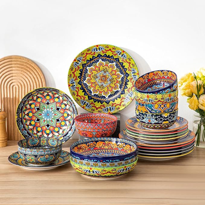 vancasso Pasta Bowls Set of 4, 42oz Ceramic Salad Serving Bowls, Bohemian | 8.7in Colorful Bohemian Bowl Plates for Soup, Shallow Bowls for Kitchen, Microwave & Dishwasher Safe, Stackable, Large