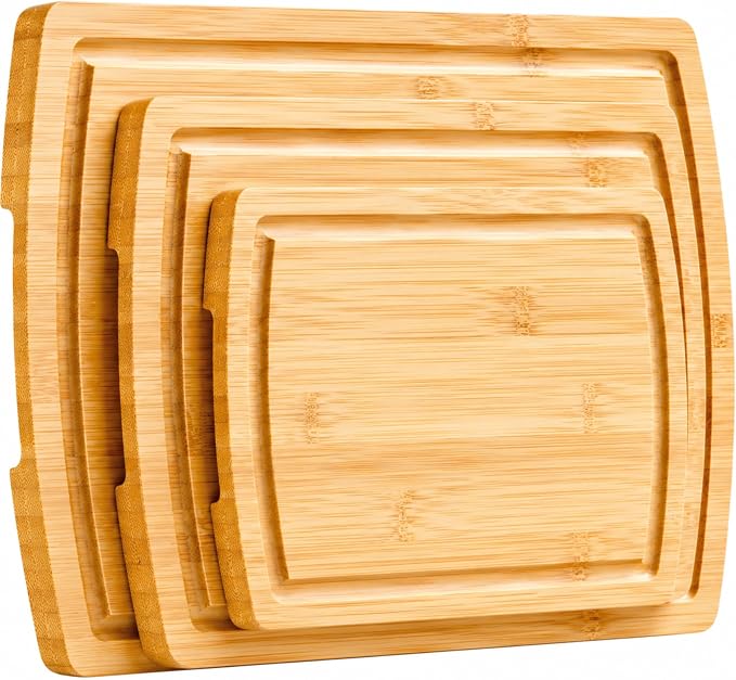 Bamboo Cutting Boards for Kitchen, Non Toxic Wooden Chopping Board Meat Set | Deep Juice Groove, Knife-Friendly, Reversible Butcher Block, Side Handles, Serving, Food Prep, Vegetable, Fruit, Meat, Cheese