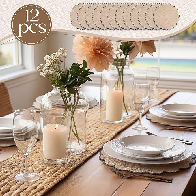 Set of 12 Linen Boho Cotton Placemats 15" Round Scalloped Blue | Double Layered Cotton Fabric, Washable Embroidery, Blue Edge Edge, Rustic Table Mats for Wedding Dining Table Decor