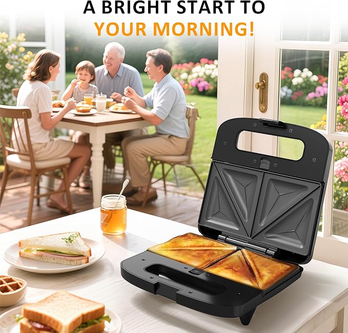 3 in 1 Electric Sandwich Maker with Removable Nonstick Plates - 800W,Black | for Belgian Waffle/Panini/Grill/Pancake Griddle/Breakfast,Dishwasher Safe,Cool Touch Handle,Easy to Clean & Store