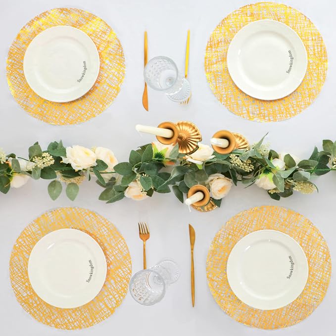 Snowkingdom Gold Placemats Set of 50, Gold Metallic Mesh Glitter Foil Place Mats 13 Inch Round Disposable Doilies for Dinning Table Fall Wedding Birthday Party Thanksgiving Christmas Decorations