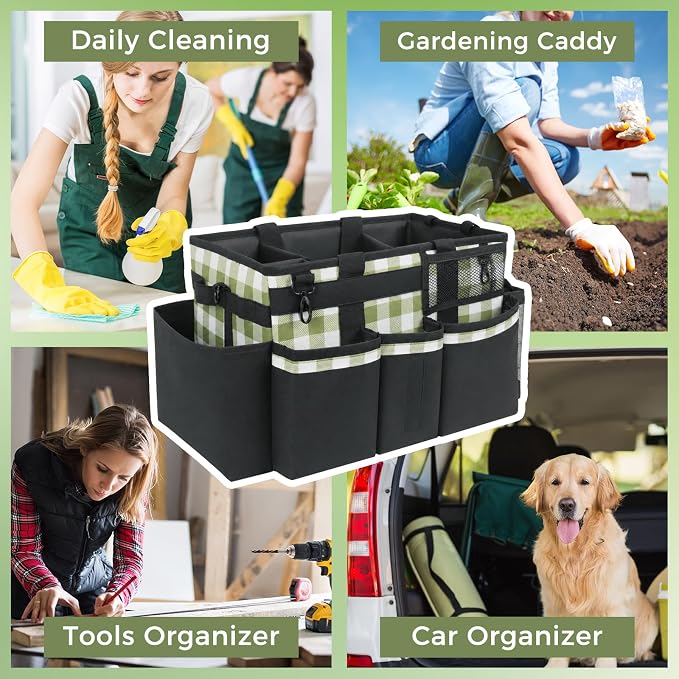 SCAVATA Wearable Cleaning Caddy, Cleaning Caddy Supplies Organizer with Handle & Shoulder Straps for Housekeepers, Under Sink & Car Cleaning Tool Organizers Bag with 4 Foldable Divider (GreenPlaid)