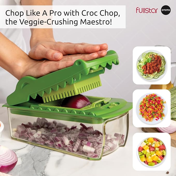 Fullstar X OTOTO Croc Chop - Vegetable Chopper & Spiralizer | 4 in 1 Veggie Chopper & Spiralizer - Stainless Steel Blades & 5-Cup Container - Cool Kitchen Gadget Crocodile Design