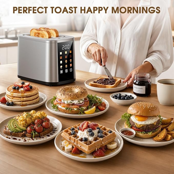 Foyoconven 2 Slice Toaster with Touch Screen, 1.5" Extra Wide Slots for Bagels & Thick Bread, Stainless Steel, Digital Countdown Timer, 6 Shade Settings, Defrost/Reheat/Cancel, Removable Crumb Tray
