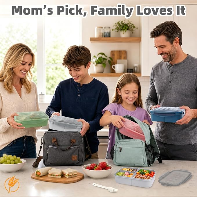 Itopor Bento Box for Kids & Adults, Lunch Box 46 oz / 1400ml, Gray | Wheat straw material, BPA-free, leakproof, 3 compartments, microwave & dishwasher safe, for school, office & travel