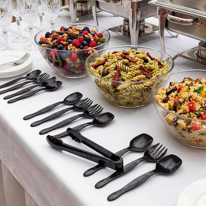 36 Pcs Disposable Plastic Serving Utensils Set, 9 Inch Black | Tongs, Forks & Spoons For Buffet, Catering, Restaurants, BBQs, Picnics, Weddings And Party Food Stations