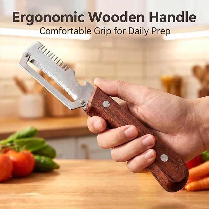 2 Pack Multifunctional Vegetable Peeler with Wooden Handle & Bottle Opener Multi Functional 3 in 1 Stainless Steel Peeler for Kitchen, Peeler for Fruit, Potato, Carrot, Pumpkin, Apple Peeling