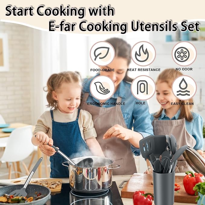 E-far Kitchen Utensils Set, 14-Piece Gray Silicone Cooking Utensils Set | Heat Resistant, Kitchen Tools Spatulas with Stainless Steel Handle, Non-stick Cookware with Holder, Dishwasher safe