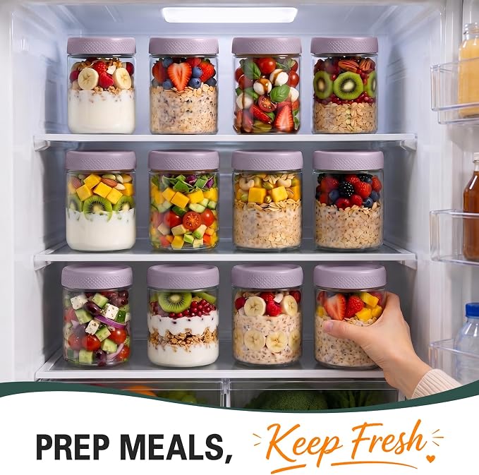 Overnight Oats Containers with Lids, 16oz Parfait Cups with Lids, Glass Jar | 6 Pack Glass Jars with Lids, Yogurt Containers with Lids for Kitchen, Mason Jars for Storage, Pudding, Snack, Sugar, Purple