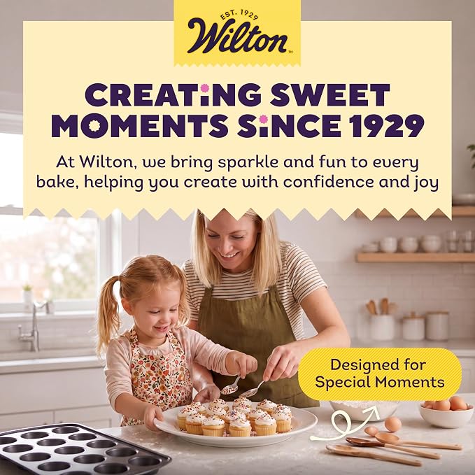 Wilton Gold Non-Stick Muffin Pan, Made Without PFAS, 12-Cup | Non-Stick Steel with Scratch-Resistant Coating, Resists Warping, Extended Handles, Dishwasher Safe, Perfect for Cupcakes