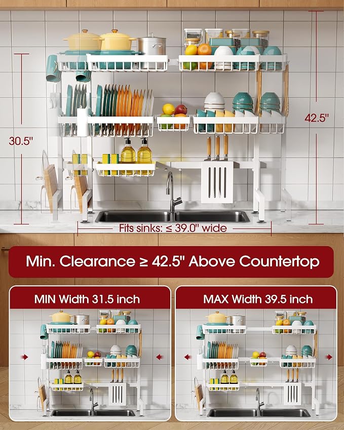 Sakugi Over The Sink Dish Drying Rack - Adjustable 3 Tier XX-Large Capacity Stainless Steel Drainer with Cutlery & Utensil Holders, Kitchen Storage & Organization, 31.5"-39.5"L x 12"W x 30.5"H, White