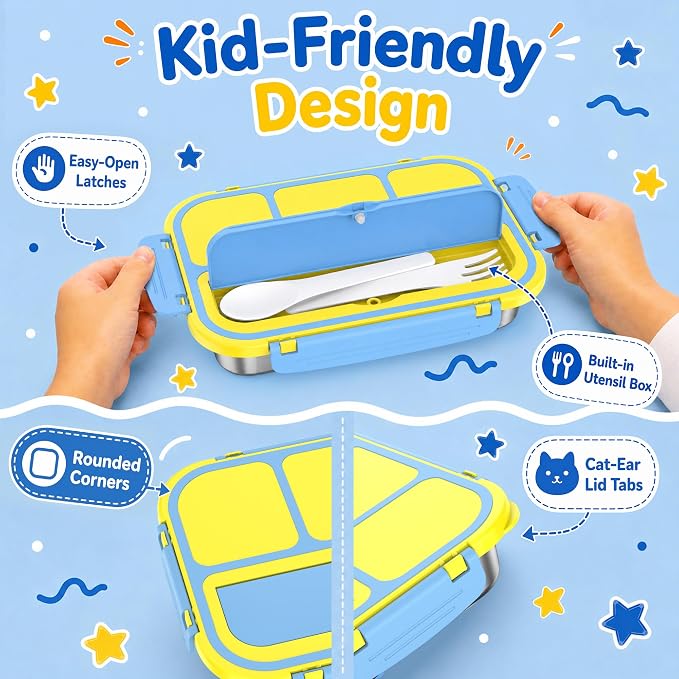 Stainless Steel Bento Lunch Box for Kids Adult, Metal Lunch Box Containers for Boys Girls School, 4 Compartment Leak Proof Lunch Containers with Sauce Cup, Fork and Spoon & Fruit Picks, Yellow Blue