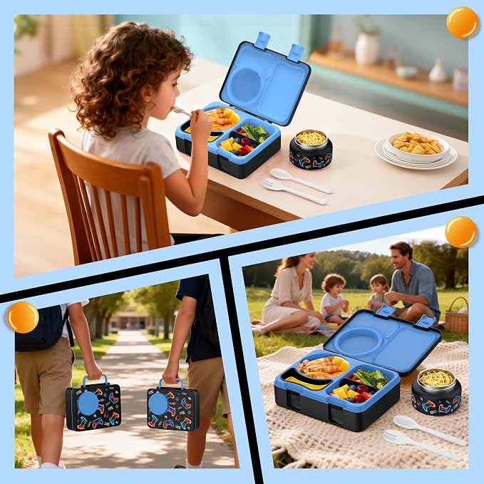 Bento Lunch Box for Kids Adult, Leakproof 3-4 Compartment Bento Box Set with Insulated Food Jar,Water Bottle, Lunch Bag, School Lunch Container for Toddler Teen Girls Boys Ages 3+(Game)
