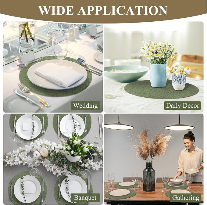 Aneco 50 Pieces Round Burlap Placemats 11.8 Inch Reusable Sage Green Table Mats Heat Resistant Natural Jute Fibers Placemats Burlap Circle Rustic Table Decorations for Dinner Holiday Farmhouse Decor