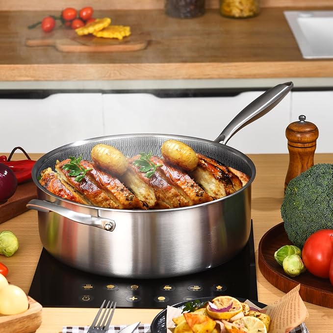 LOLYKITCH 7-Quart Large Frying Pan with Lid | 12 Inch | Detachable Handle | Ceramic Nonstick | Tri-Ply Stainless Steel | Deep Skillet | Saute Pan | PFOA Free | Induction | Dishwasher & Oven Safe