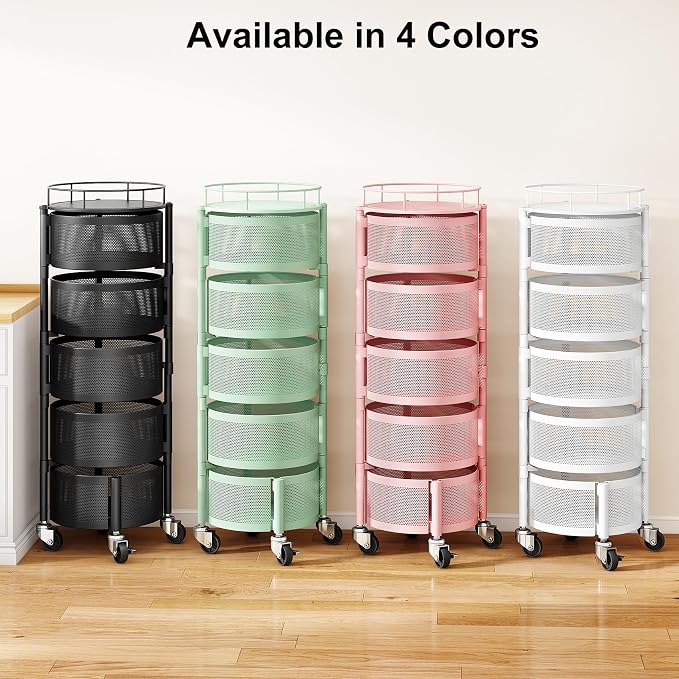 SAYZH 5 Tier Fruit Vegetable Basket Stand for Kitchen, Rotating, Pink | Rolling Storage Cart with top lid, Large Metal Wire Rack for Potato and Onion Storage