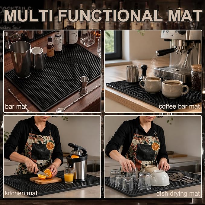 4 Pack Bar Mats for Countertop, Bacohay 18" x12" Rubber Coffee Bar Mat | Non-slip dish drying mats with 4 coasters, Easy to clean spill mats for bartending, coffee bar, kitchen, restaurant, home bar