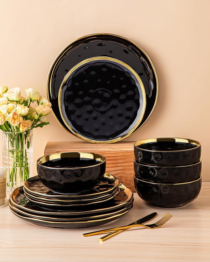 LOVECASA 12 Pieces Plates and Bowls Sets, Porcelain Black and Gold Dinnerware Sets, Round Dinner Plates Dishes Set Service for 4, Dishwasher Safe and Scratch Resistant, Black