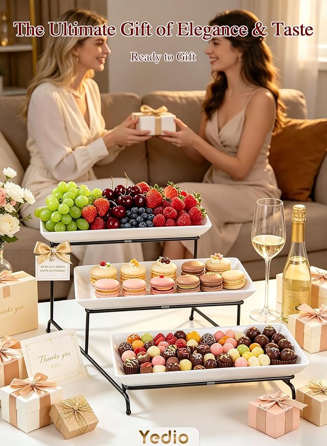3 Tier Serving Tray Set 14 Inch Porcelain Tiered Serving Trays Platters, Collapsible Sturdier Stand with Stable Cross Bars, Three Layer Serving for Party Entertaining Food Display Fruit Dessert