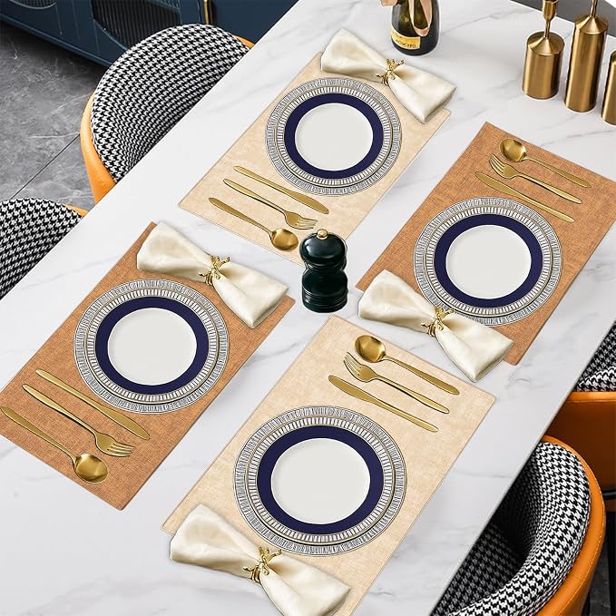 Leather Placemats Table Mats Set of 6, Camel and Beige | Reversible Non-Slip Table Placemats, Heat-Resistant and Waterproof for Dining Kitchen and Holiday Parties
